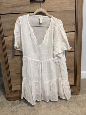 Joie White 100% Linen V-Neck Tiered Mini Dress